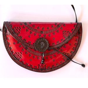 Red tooled embossed leather crossbody purse